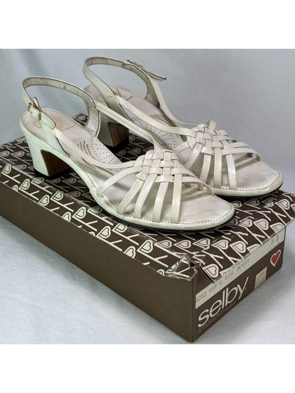 Selby Fifth Avenue Allure White Leather SlingBack Low Block Heel Sandals 9S VTG